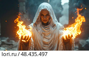 Mystical elderly sorceress conjuring fire in ancient ruins, representing feminine power, fantasy storytelling and mythological magic tradition. Стоковое AI-изображение, AI-художник Igor Tichonow / Фотобанк Лори