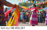A close-up of a dancer's hands holding colorful ribbons, performance during a traditional Mexican folk dance in traditional costumes. Cinco de Mayo. Independence Day. Стоковое AI-видео, аниматор Sergey Grishin / Фотобанк Лори