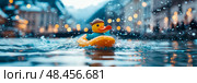 Winter plunge: Rubber ducky taking a dip in a snowy urban pond for fun, concept for winter cheer and playful joy. Стоковое AI-изображение, AI-художник Данила Большаков / Фотобанк Лори
