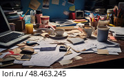 disorganized close up desk at angle ai generated. Стоковое AI-изображение, AI-художник Vectorwin / Фотобанк Лори