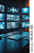 Multiple screens displaying various images symbolizing data monitoring and analysis, front view, bright lighting, tech color palet. Стоковое AI-видео, аниматор Sergey Grishin / Фотобанк Лори