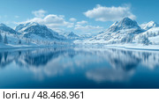 Majestic Winterscape: Snow-Clad Mountains Reflect in a Serene Lake, Embracing the Peace of Winter. Стоковое AI-изображение, AI-художник Данила Большаков / Фотобанк Лори