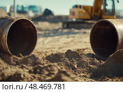Construction work for replacement of engineering pipes. Workers installing an underground pipe on city street. Repair, laying water pipes or replacing sewer pipes Installation of plumbing, sanitation. Стоковое AI-изображение, AI-художник Марина Демидюк / Фотобанк Лори
