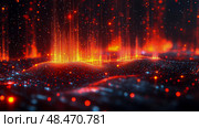 Futuristic landscape with luminous cascading particle pillars and dot matrix surface. Стоковое AI-изображение, AI-художник Данила Большаков / Фотобанк Лори