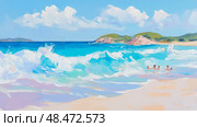 Summer Seascape: Impressionistic Painting of People Enjoying the Ocean Waves on a Tropical Beach. Стоковое AI-изображение, AI-художник Данила Большаков / Фотобанк Лори