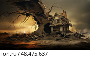 destruction damaged house with tree ai generated. Стоковое AI-изображение, AI-художник Vectorwin / Фотобанк Лори