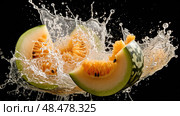 juice flying melon cantaloupe ai generated. Стоковое AI-изображение, AI-художник Vectorwin / Фотобанк Лори
