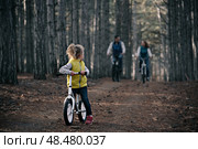 A little girl with her parents ride their bicycles through the forest. Стоковое фото, фотограф София Тюленева / Фотобанк Лори