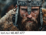 Viking warrior king wearing metal helmet and fur armor starring intensely. Стоковое AI-изображение, AI-художник Иван Рябоконь / Фотобанк Лори