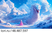 Ice Dragon's Majesty: A woman's daring encounter with a colossal mythical beast in a snow-capped mountain landscape. Стоковое AI-изображение, AI-художник Данила Большаков / Фотобанк Лори