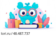 Cute Studious Blue Monster On Books for Education Promotion. Стоковое AI-изображение, AI-художник Данила Большаков / Фотобанк Лори