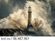 Lighthouse resisting huge waves during powerful storm. Стоковое AI-изображение, AI-художник Иван Рябоконь / Фотобанк Лори