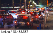 Nice, France - November 2, 2018 - Cars in a traffic jam in the night. Редакционное фото, фотограф Сергей Богомяко / Фотобанк Лори