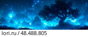 Concept: Enchanted forest at twilight: a serene nightly scene with a majestic tree against a starlit sky, a dreamlike nature scene for print, card, poster. Стоковое AI-изображение, AI-художник Данила Большаков / Фотобанк Лори