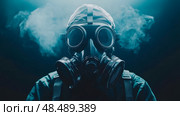 Isolated person wearing a gasmask surrounded by smoke. Стоковое AI-изображение, AI-художник Данила Большаков / Фотобанк Лори