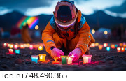 Lighting the way: A celebration with luminaries at twilight. Стоковое AI-изображение, AI-художник Данила Большаков / Фотобанк Лори