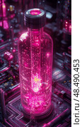 Futuristic Lab: Energy Amplification in Glass Container on an Advanced Circuitry Platform. Стоковое AI-изображение, AI-художник Данила Большаков / Фотобанк Лори