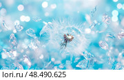 Floral Dreamscape: A Dandelion Seed Head surrounded by Floating Gemstones in a Serene Blue Light. Стоковое AI-изображение, AI-художник Данила Большаков / Фотобанк Лори