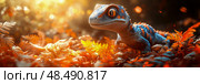 Little Saurian's Autumnal Adventure: A Juvenile Reptile Exploring a Forest Floor Ablaze with Colorful Autumn Foliage. Стоковое AI-изображение, AI-художник Данила Большаков / Фотобанк Лори