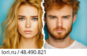 Concept: Broken Relationship. Torn Apart: Faces of a blonde woman and a red-haired man separated by torn paper, portrait showing sadness and anger emotions. Стоковое AI-изображение, AI-художник Данила Большаков / Фотобанк Лори