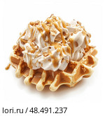 Delicious waffle with whipped cream, caramel sauce, and crumble topping. Стоковое AI-изображение, AI-художник Иван Рябоконь / Фотобанк Лори