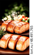 A plate of food with a piece of meat and vegetables. Стоковое AI-изображение, AI-художник Ярославский Максим / Фотобанк Лори