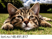 A cat is laying on the grass with its eyes closed. Стоковое AI-изображение, AI-художник Ярославский Максим / Фотобанк Лори