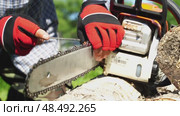 A man saws firewood with a chainsaw in the garden and sharpens a chainsaw chain. Стоковое видео, видеограф Igor Skripachev / Фотобанк Лори