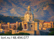 MESSINA, ITALY - NOVEMBER 06, 2018 - Panoramic view of the city and the Temple Christ the King in Sicily. Стоковое фото, фотограф Сергей Богомяко / Фотобанк Лори