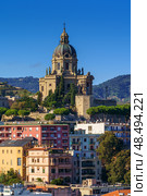 Panoramic top view of the local buildings with the trees, mountains and the sky in the beautiful city of Messina, Sicily, Italy (2018 год). Стоковое фото, фотограф Сергей Богомяко / Фотобанк Лори