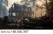 ruins burned house ai generated. Стоковое AI-изображение, AI-художник Vectorwin / Фотобанк Лори