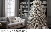 snowy flocked christmas tree ai generated. Стоковое AI-изображение, AI-художник Vectorwin / Фотобанк Лори