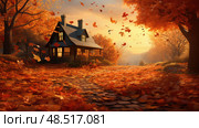 cozy house fall leaves ai generated. Стоковое AI-изображение, AI-художник Vectorwin / Фотобанк Лори