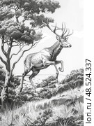 A drawing of a deer in motion, sprinting through a dense forest filled with tall trees and undergrowth. Стоковое AI-изображение, AI-художник Данила Большаков / Фотобанк Лори
