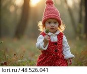 Маленькая девочка в красной одежде и шапке наслаждается теплым днем в лесу. Она держит цветок и радуется своему беззаботному детству в окружении природы. Стоковое AI-изображение, AI-художник Сергей Никифоров-Гордеев / Фотобанк Лори