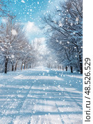 A winter scene showing a road covered in snow with trees lining the sides and snow flakes falling down. Стоковое AI-изображение, AI-художник Данила Большаков / Фотобанк Лори
