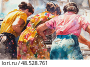 Watercolor painting depicting a group of women walking along a busy city street, showcasing various ages, styles, and activities. Стоковое AI-изображение, AI-художник Данила Большаков / Фотобанк Лори