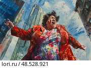 Watercolor painting depicting overweight mature woman standing with her arms outstretched in a gesture of openness and freedom. Стоковое AI-изображение, AI-художник Данила Большаков / Фотобанк Лори
