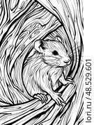A detailed drawing of a mouse climbing a tree trunk, with intricate lines depicting the furry creatures nimble movements amongst the branches. Стоковое AI-изображение, AI-художник Данила Большаков / Фотобанк Лори