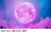 Enthralling celestial event with a glowing moon over dreamy clouds, enchanting night scenery for print, card, or poster. Стоковое AI-изображение, AI-художник Данила Большаков / Фотобанк Лори