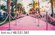 Concept: Glamorous Premiere: A pink carpet entrance with stanchions and ropes lined with Palm tree, creating a sense of prestige and exclusivity. Стоковое AI-изображение, AI-художник Данила Большаков / Фотобанк Лори