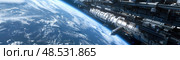 A perspective of Earth as seen from a space station, showcasing the planets curvature, clouds, oceans, and landmasses. Стоковое AI-изображение, AI-художник Данила Большаков / Фотобанк Лори