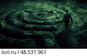 A man is navigating through a maze in darkness, searching for a way out. Стоковое AI-изображение, AI-художник Данила Большаков / Фотобанк Лори