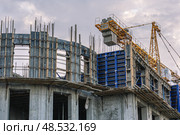 Каркас из несущих железобетонных стен при строительстве многоэтажного здания. Армирование железобетонных колонн. Башенный кран на строительной площадке. Стоковое фото, фотограф Эдуард Белкин / Фотобанк Лори