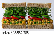 Two sandwiches with lots of vegetables and hummus in between. Стоковое фото, фотограф Ярославский Максим / Фотобанк Лори
