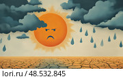 Angry sun and storm clouds over dry cracked earth depicting climate change and weather extremes. Стоковое AI-изображение, AI-художник Olga Didraga / Фотобанк Лори