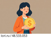 Woman holds a big coin with a dollar sign in her hands. Loans, credits, money transactions. Simple flat illustration. Стоковое AI-изображение, AI-художник Коханова Наталья / Фотобанк Лори