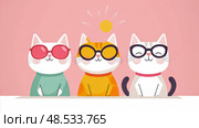 Three Stylish Cats: A Cute Illustration of Felines in Sunglasses and Eyeglasses. Стоковое AI-изображение, AI-художник Данила Большаков / Фотобанк Лори