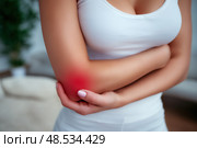 Diseases of the elbow joint, bone fracture and inflammation, woman suffering from pain in cubit, health problems concept. Стоковое AI-изображение, AI-художник Станислав Тарко / Фотобанк Лори
