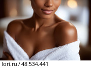 Skin care in the decollete area, a woman in a white bathrobe close-up. Стоковое AI-изображение, AI-художник Станислав Тарко / Фотобанк Лори